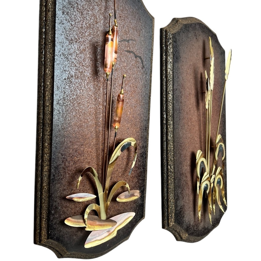 Vintage MCM Cattail Copper Brass Wooden Wall Plaques Decor Retro - Picture 4 of 9